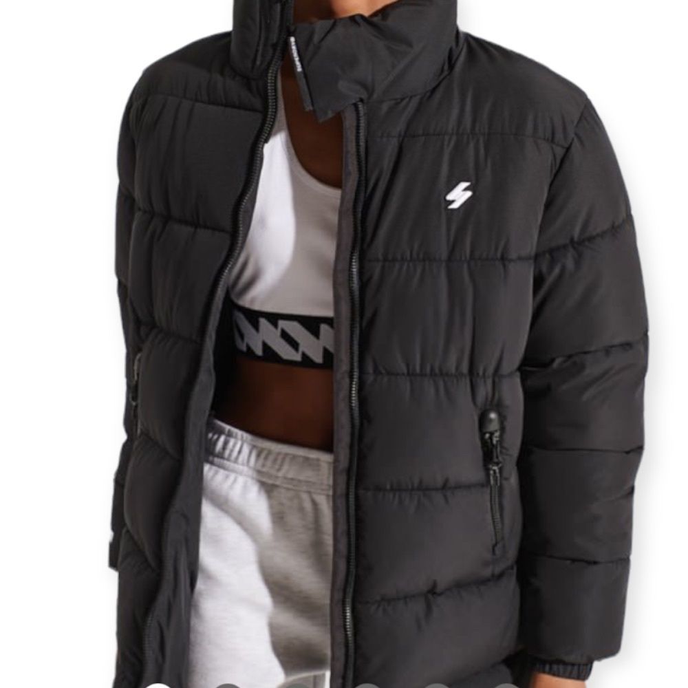 Superdry Black Longline Sports Puffer Jacket Coat NEW Size 6 Water Repellent